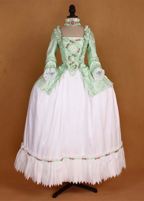 Mint Green Rococo Dress with Ruffled Floral Accents - 18th Century Ball Gown - Plus Size